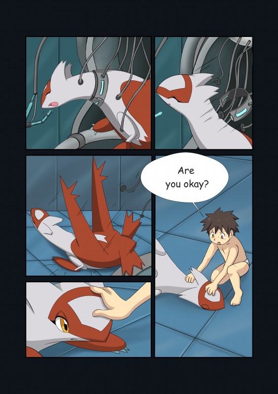 blue_border border dialogue female machine male scientific_experiment text sugarnhoney nintendo pokemon generation_3_pokemon human latias legendary_pokemon mammal pokemon_(species) absurd_res comic english_text hi_res