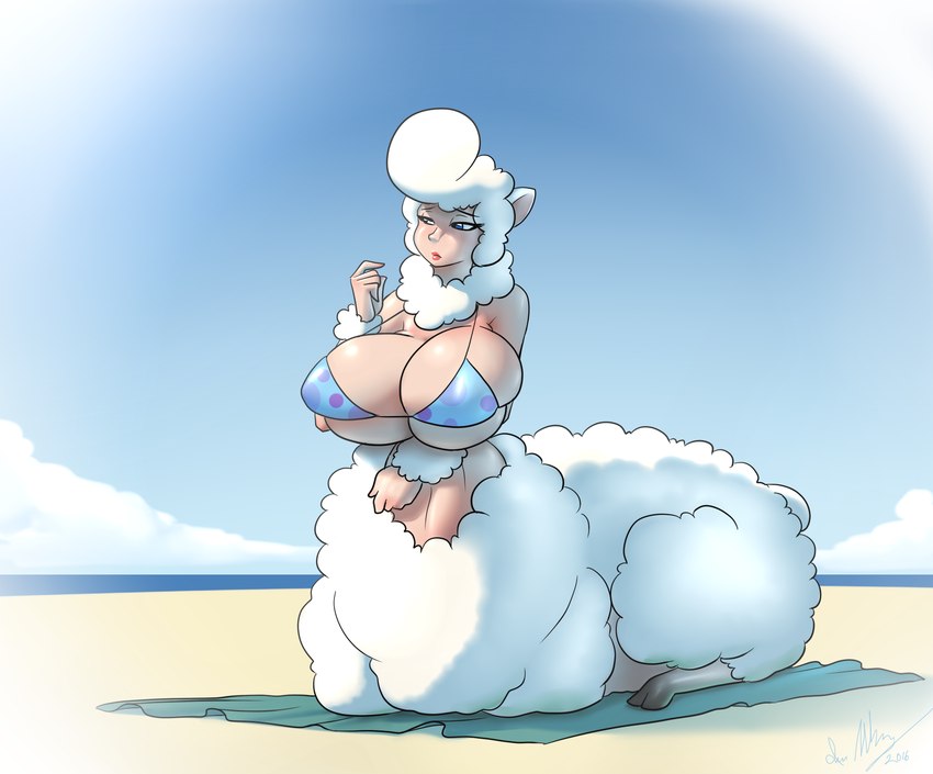 bedroom_eyes big_breasts bikini breasts clothed clothing female fur hair half-closed_eyes huge_breasts narrowed_eyes pale_skin seductive skimpy solo swimwear tight_clothing two-piece_swimsuit white_body white_fur white_hair marauder6272 bovid bovid_taur caprine caprine_taur domestic_sheep humanoid_taur mammal mammal_taur sheep sheep_taur taur hi_res