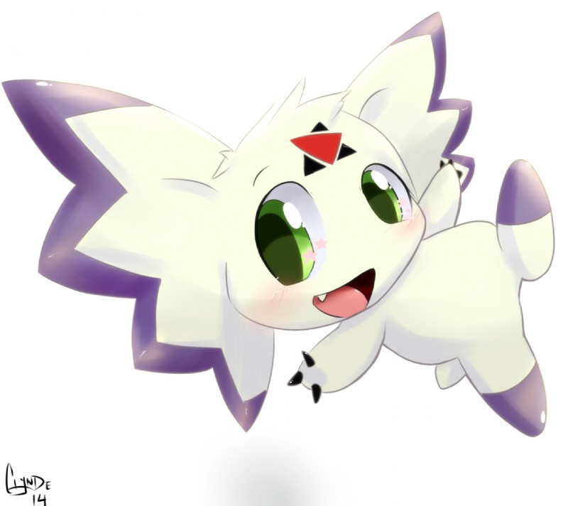 ambiguous_gender blush facial_markings feral forehead_markings fur green_eyes head_markings markings nude open_mouth simple_background smile solo symbol white_background zero_unit clyndemoon bandai_namco digimon calumon digimon_(species)