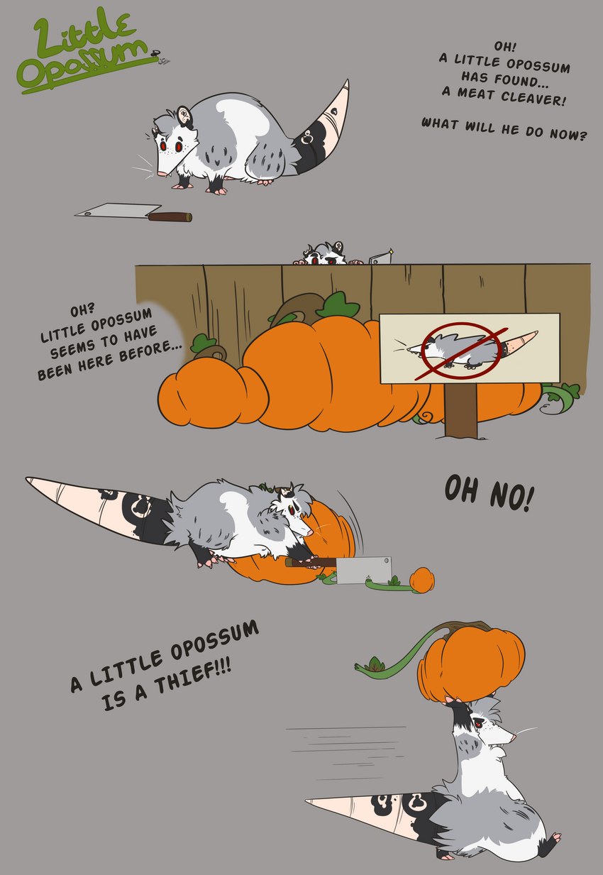 chopping cleaver_(knife) cutlery feral food fruit humor kitchen_knife kitchen_utensils knife male no_symbol plant planted_sign pumpkin running sign sign_graphic simple_background slightly_chubby solo stealing symbol tail text thick_tail thief tools possumgod ryder_the_pirate_(possumgod) american_opossum mammal marsupial absurd_res comic english_text hi_res