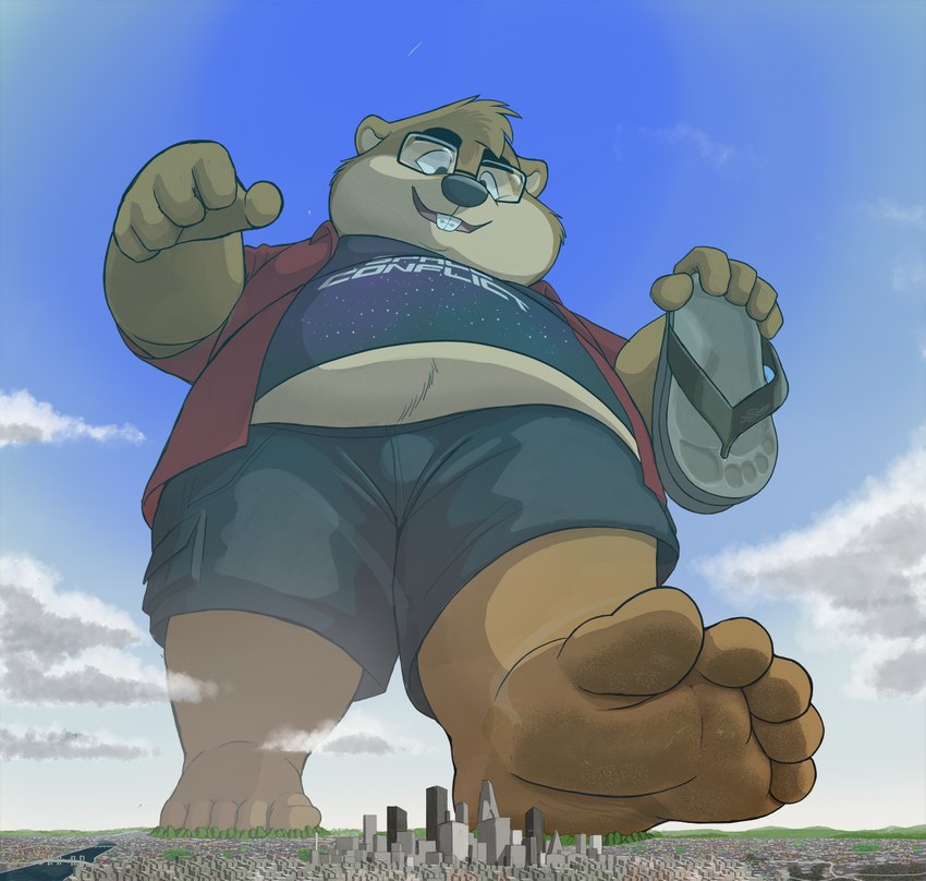 5_toes anthro belly bottomwear city cityscape clothing cloud eyewear feet giga glasses ill-fitting_clothes landscape landscape_dwarfing low-angle_view macro male overweight overweight_anthro overweight_male paws shorts sky soles solo stomping toes dj-rodney francis_(dj-rodney) gopher mammal rodent hi_res