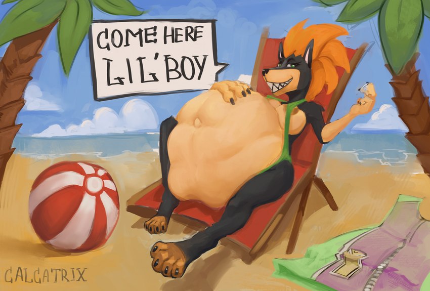 abdominal_bulge anthro ball beach beach_ball female inflatable solo speech_bubble summer vore calcatrix canid canine canis dobermann domestic_dog mammal pinscher hi_res