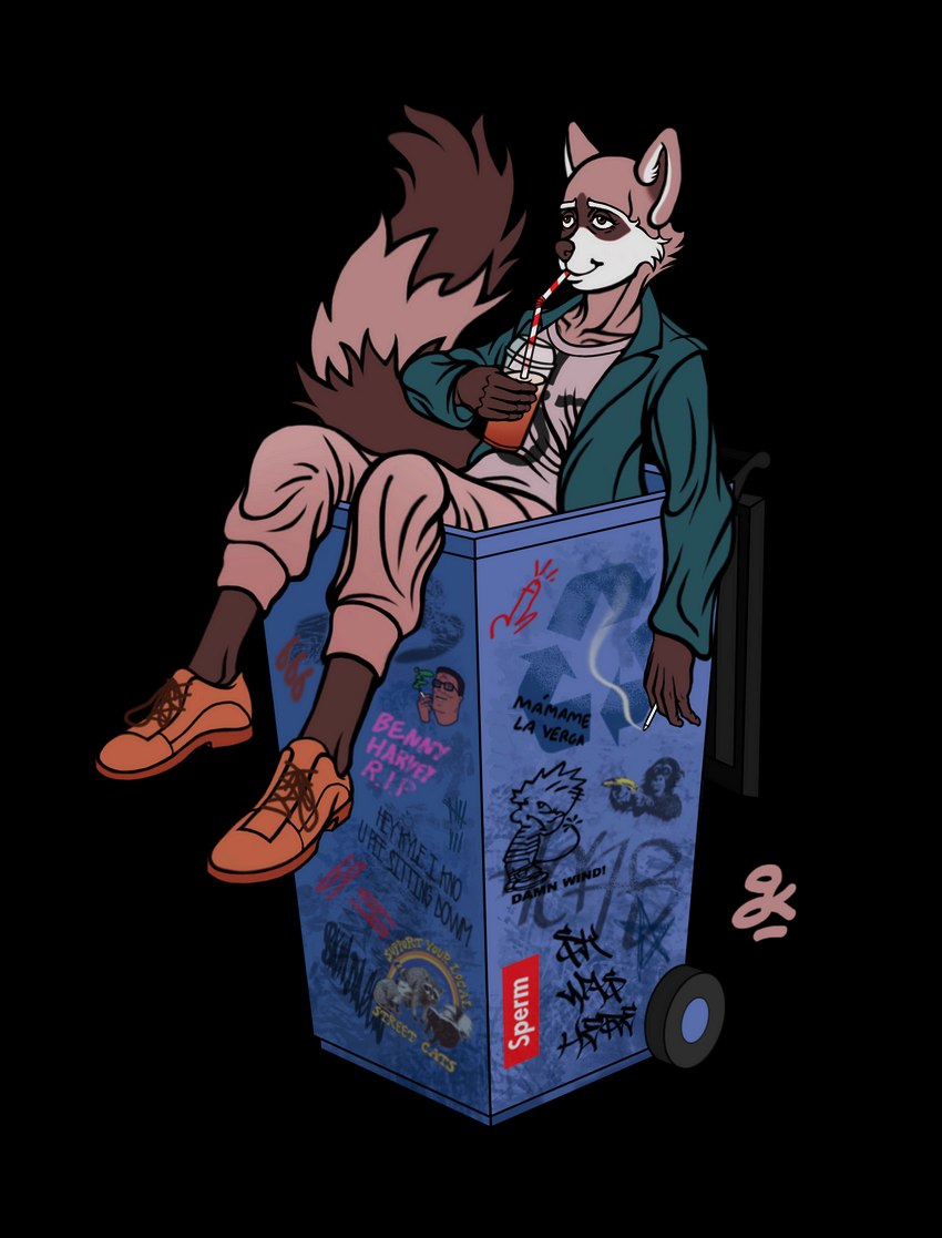 anthro beverage bin blazer bottomwear brown_clothing brown_footwear brown_shoes cigarette cigarette_smoke clothed clothing collarbone container countershading drinking drinking_straw eyebrows fluffy fluffy_tail footwear formal_shoes fur graffiti grey_body grey_eyes grey_fur half-closed_eyes holding_beverage holding_object in_container in_trash inside_trash_can jacket leaning leaning_backward lidded_eyes looking_away male milkshake narrowed_eyes pants plantigrade relaxing shoes simple_background sitting smile smoke smoking solo sticker tail text topwear transparent_background trash_can water white_body white_countershading white_eyebrows gopher_chucks calvin_and_hobbes king_of_the_hill supreme billy_anderson calvin_(calvin_and_hobbes) fan_character hank_hill mammal procyonid raccoon alpha_channel hi_res signature spanish_text translated