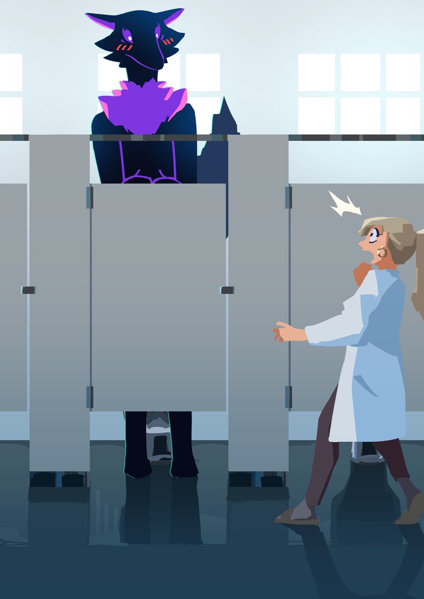 anthro black_body black_fur blush blush_lines clothed clothing duo female fur neck_tuft nude purple_body purple_fur purple_sclera size_difference surprise surprised_expression tail toilet tuft el-k fen_(el-k) alien human mammal absurd_res hi_res