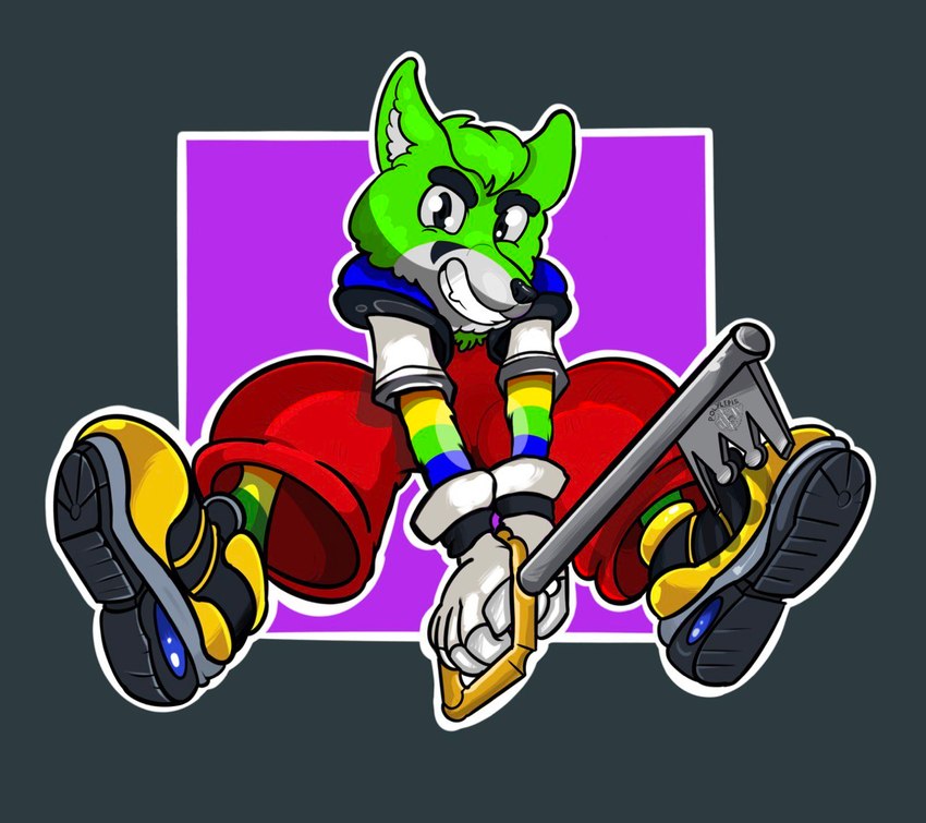 anthro clothed clothing facial_markings fur green_body green_eyes green_fur hair head_markings keyblade lgbt_pride looking_at_viewer male markings melee_weapon multicolored_body multicolored_fur pride_color_body pride_color_fur pride_colors rainbow_pride_colors simple_background six-stripe_rainbow_pride_colors solo weapon white_body white_fur polylepis disney kingdom_hearts square_enix fidget_the_fox sora_(kingdom_hearts) canid canine fox mammal digital_media_(artwork)