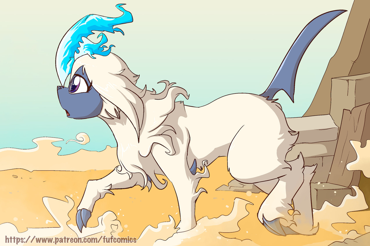 1_horn black_nose blade claws day desert female feral head_tuft horn neck_tuft open_mouth outside quadruped rock side_view solo tail tail_blade tongue tuft walking weapon_tail white_body fuf nintendo pokemon absol generation_3_pokemon pokemon_(species) 2019 3:2