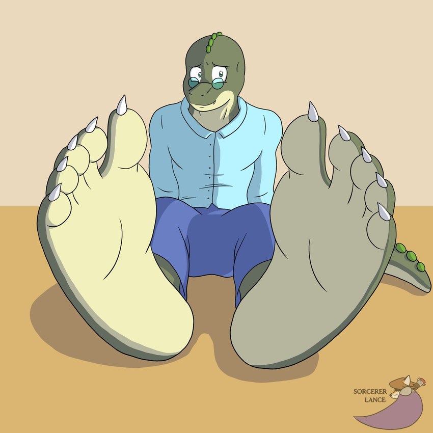 5_toes anthro barefoot bottomwear button_(fastener) clothing eyewear feet foot_fetish foot_focus glasses green_body humanoid_feet looking_at_viewer male orange_background pants plantigrade shadow shirt simple_background sitting snout soles solo tail toes topwear sorcererlance sebastian_(nomadl3) crocodile crocodilian reptile scalie 1:1 2015 hi_res