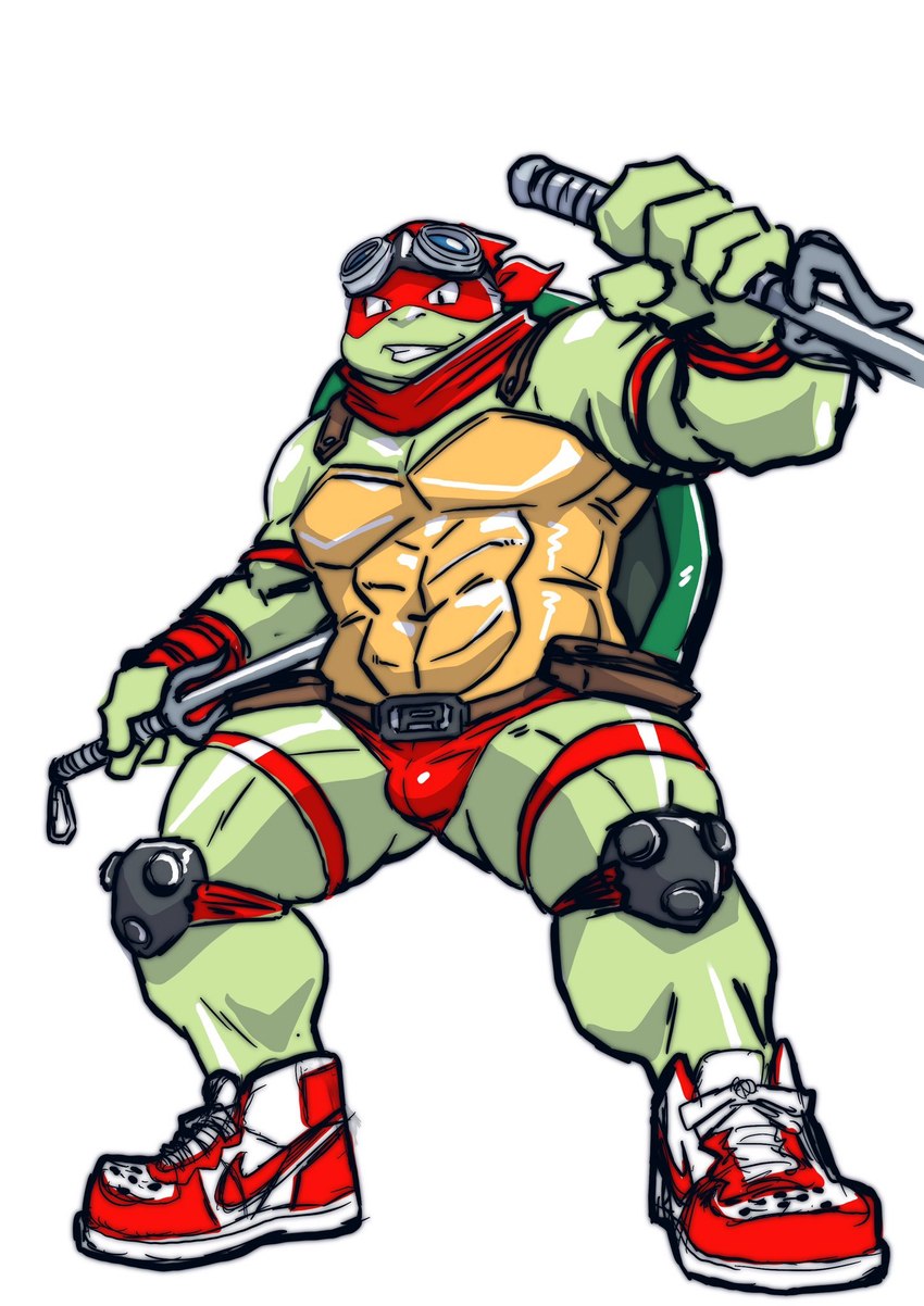 abs adolescent anthro belt bulge clothing eyewear footwear goggles grin male muscular muscular_anthro muscular_male pecs red_clothing sais scarf shoes smile sneakers solo thong underwear young raozone teenage_mutant_ninja_turtles raphael_(tmnt) reptile scalie turtle hi_res