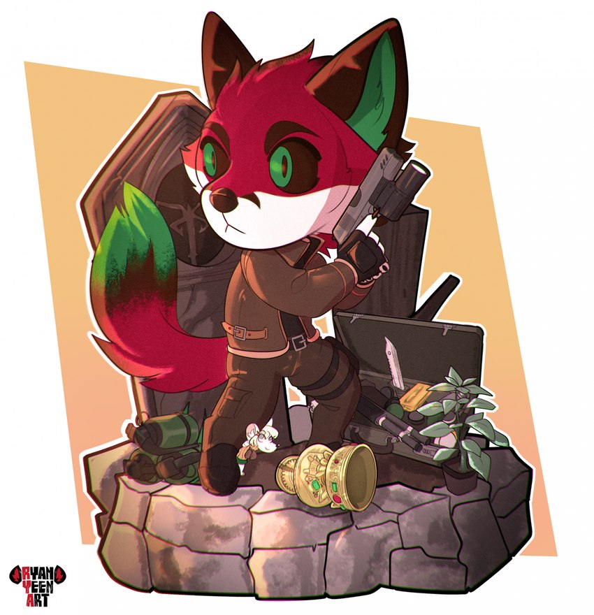 anthro black_ears black_nose black_sclera bottomwear clothed clothing coat cosplay countershading dipstick_tail double-barreled_shotgun extreme_size_difference fur green_eyes green_inner_ear green_tail_tip gun herbs holding_gun holding_object holding_ranged_weapon holding_weapon knife logo male markings pants plant plant_pot potted_plant ranged_weapon red_body red_fur simple_background size_difference solo tail tail_markings toolbox topwear weapon white_background white_body white_countershading ryanyeen capcom resident_evil leon_kennedy moushley victor_johansen canid canine fox mammal mouse murid murine rodent 2025 artist_logo digital_drawing_(artwork) digital_media_(artwork) hi_res