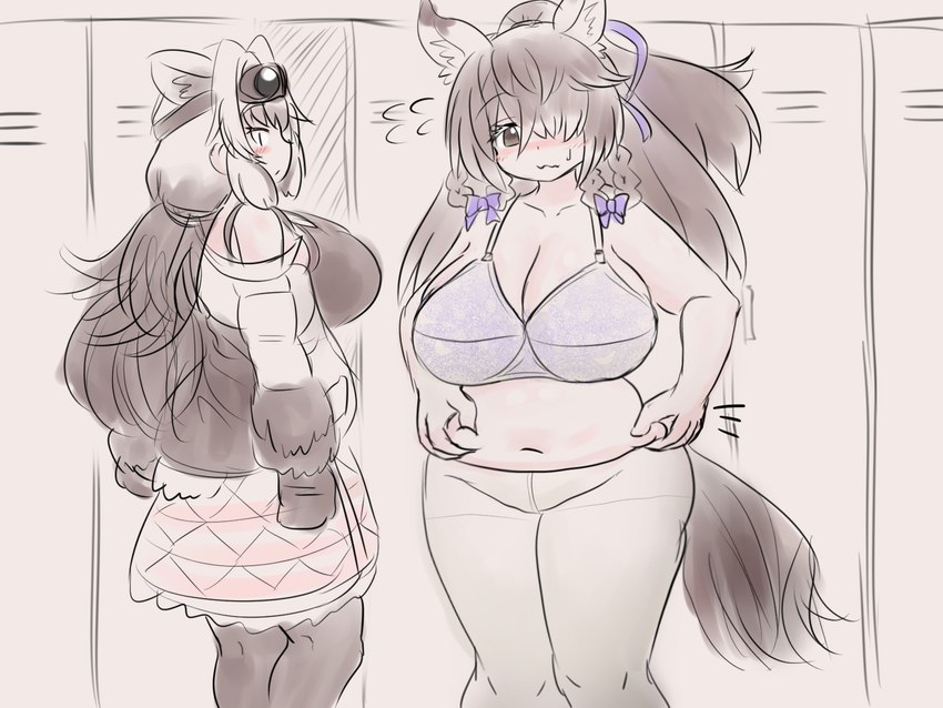 belly belly_squish big_breasts blush bodily_fluids bottomwear bra bra_straps breasts brown_eyes brown_hair cleavage clothed clothing duo eyewear female gloves goggles hair hair_over_eye handwear huge_breasts legwear locker long_hair multicolored_hair navel one_eye_obstructed ponytail skirt slightly_chubby squish sweat sweatdrop tail tights underwear weight_conscious white_hair mo23 kemono_friends fan_character grizzly-polar_bear_hybrid_(mo23) yakutian_horse_(mo23) animal_humanoid bear equid equid_humanoid equine equine_humanoid horse_humanoid humanoid hybrid mammal mammal_humanoid ursid_humanoid 4:3 hi_res sketch