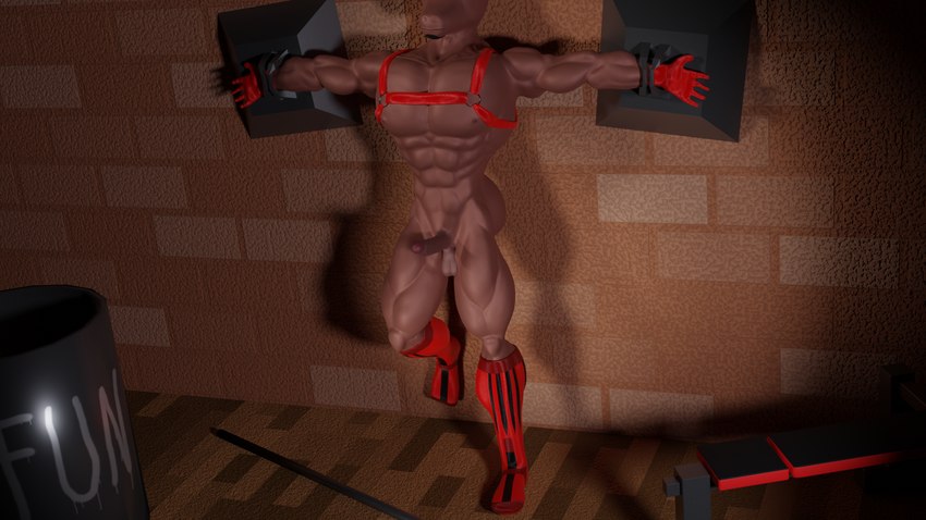 abs anthro balls barrel bdsm bench biceps big_muscles bondage bound brick_wall clothed clothing cuff_(restraint) faceless_character faceless_male facial_hair floor footwear genitals gloves goatee gym_equipment handcuffed handcuffs handwear harness male manly metal_cuffs muscular muscular_anthro muscular_male nipples partially_clothed pecs penis quads red_clothing red_footwear red_gloves red_handwear red_harness red_socks restraints socks solo wall_(structure) wall_bondage wood wood_floor mindorbody bovid bovine mammal 16:9 3d_(artwork) digital_media_(artwork) hi_res widescreen