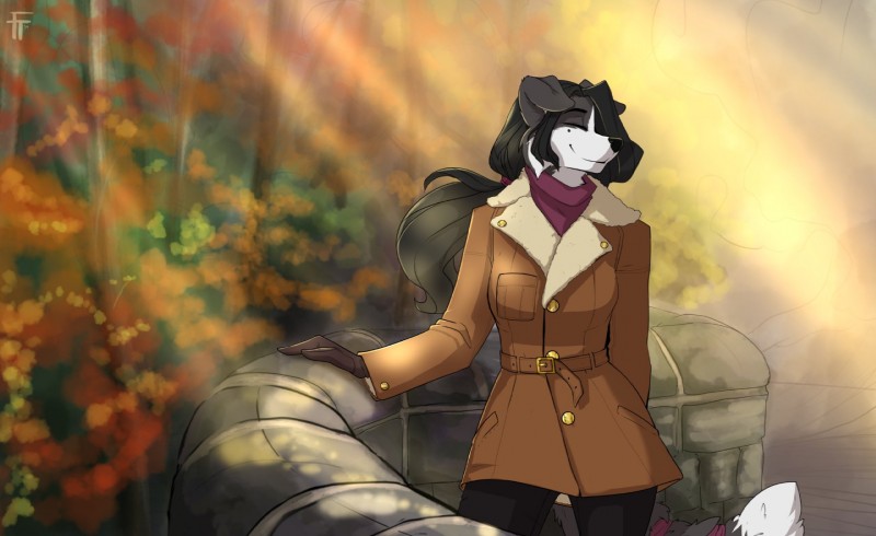 anthro autumn black_hair black_nose clothed clothing coat day dipstick_tail eyes_closed female floppy_ears hair long_hair markings multicolored_tail outside smile solo standing tail tail_markings topwear firetally chloe_(abananaman) border_collie canid canine canis collie domestic_dog herding_dog mammal pastoral_dog sheepdog 2019 hi_res