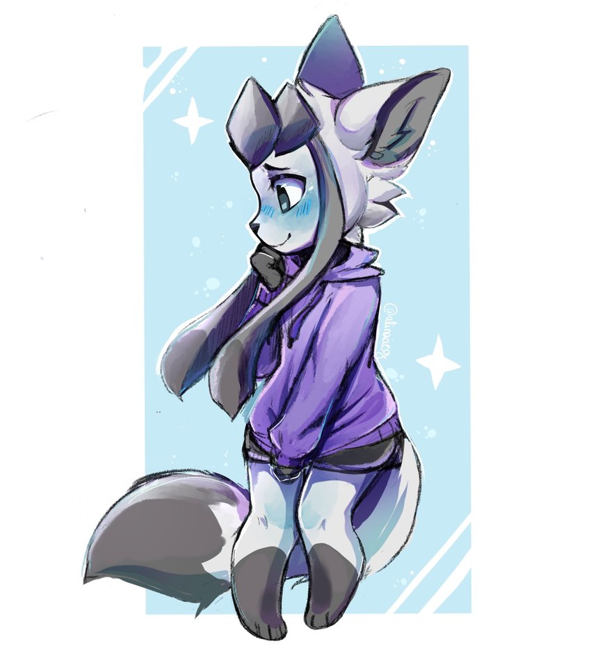 anthro black_body black_fur blush blush_lines bottomwear clothed clothing dolphin_shorts female fur hoodie purple_clothing purple_hoodie purple_topwear shorts solo tail topwear white_body white_fur anakoluth nintendo pokemon myrl_(wormy) eeveelution generation_4_pokemon glaceon pokemon_(species) hi_res