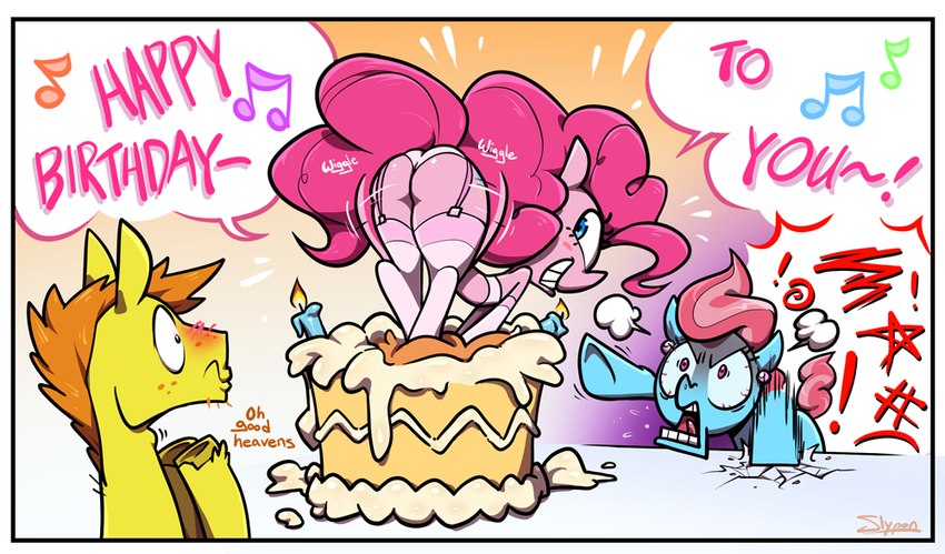 angry butt cake clothing dessert dialogue female feral food garter_straps grin group legwear lingerie male panties pop_out_cake rear_view smile surprised_expression thigh_highs trio underwear slypon friendship_is_magic hasbro my_little_pony mr._cake_(mlp) mrs._cake_(mlp) pinkie_pie_(mlp) equid equine horse mammal pony 2024