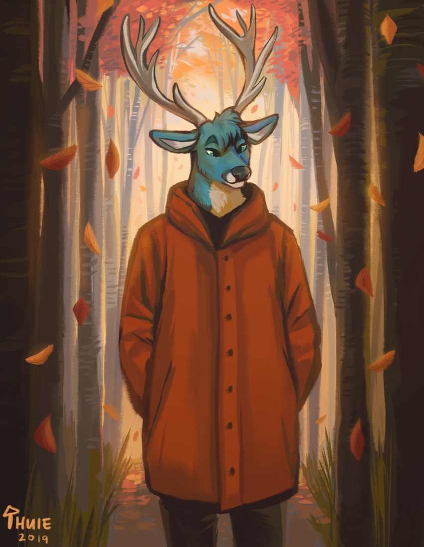 anthro antlers blue_body blue_fur bottomwear clothed clothing falling_leaves fur green_eyes horn jacket male outside pants plant solo standing topwear tree two_color_fur white_body white_fur artofhuie huie deer mammal 2019 artist_name hi_res