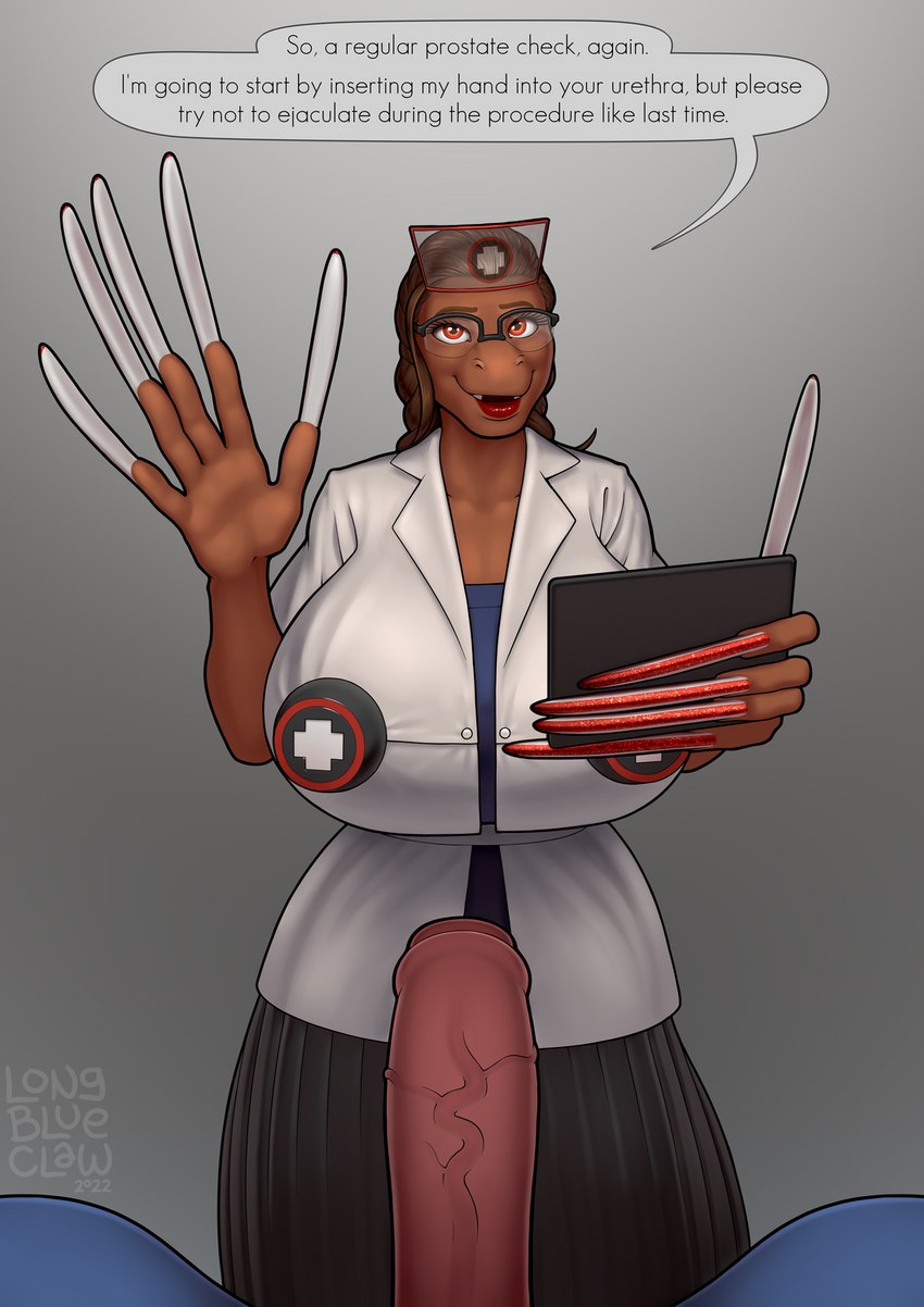 anthro big_breasts breasts clothed clothing dialogue dress duo erection female female_focus first_person_view fully_clothed genitals holding_object huge_breasts huge_nails humanoid_genitalia humanoid_penis hyper_nails long_nails looking_at_viewer male male_pov nails nipple_covers nurse open_mouth penis simple_background solo_focus talking_to_viewer text vein longblueclaw scalie 2022 digital_media_(artwork) english_text hi_res