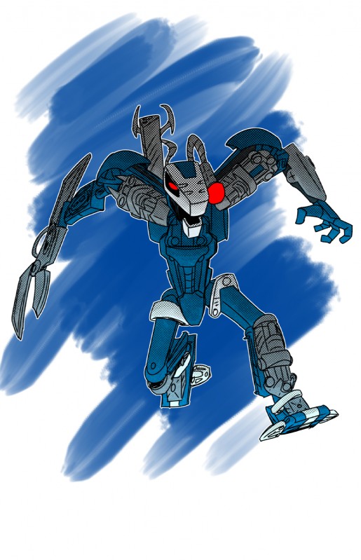 armor blue_body holding_object holding_weapon looking_at_viewer machine male multicolored_body not_furry open_mouth ranged_weapon red_eyes simple_background solo standing weapon white_background bioniclechicken bionicle lego krekka biomechanical humanoid digital_drawing_(artwork) digital_media_(artwork) hi_res