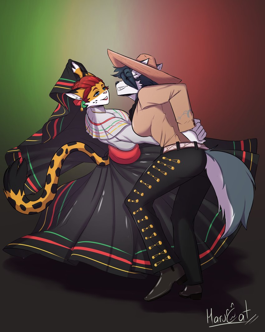 anthro clothed clothing dancing dress duo female female/female fur hat headgear headwear mariachi mexico orange_body orange_fur white_body white_fur harucat harucat_(harucat) luna_(harucat) canid canine canis domestic_cat felid feline felis mammal wolf 4:5 absurd_res hi_res