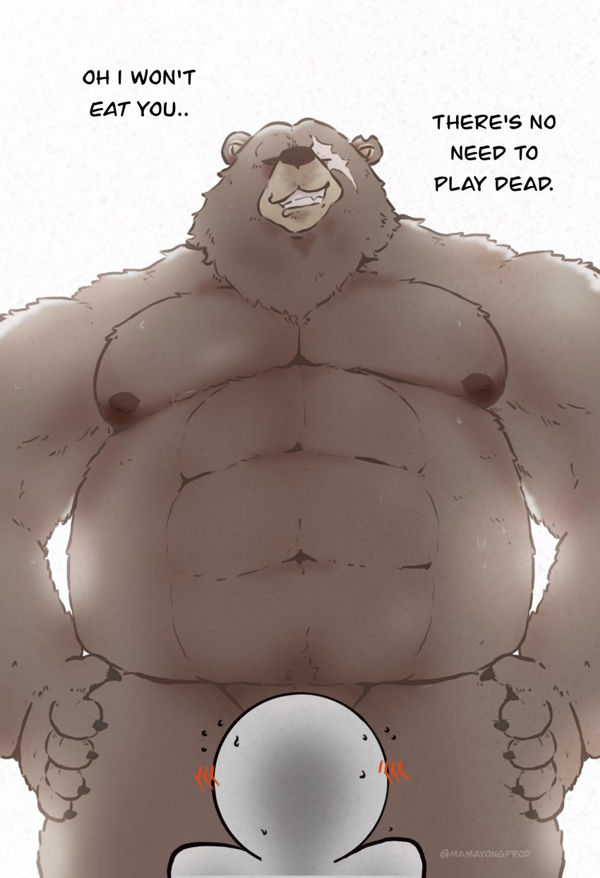 belly bullying dialogue dominant half_naked looming_over male musclegut muscular muscular_male nervous nipples nude pecs scar size_difference slightly_chubby solo text thick_thighs mamayong_(artist) mihoyo zenless_zone_zero ben_bigger bear brown_bear grizzly_bear mammal ursine carnivore english_text hi_res