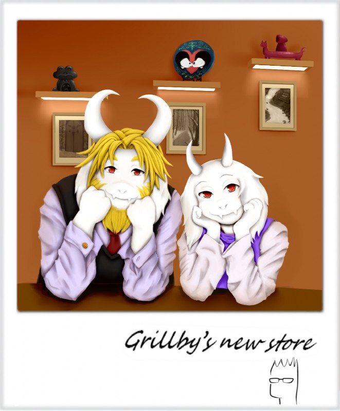 anthro beard duo facial_hair female fur horn long_ears male mature_anthro mature_female mature_male photo text white_body white_fur etfish5355138 undertale undertale_(series) asgore_dreemurr dogamy dogaressa grillby river_person_(undertale) toriel boss_monster_(undertale) bovid caprine froggit mammal english_text hi_res