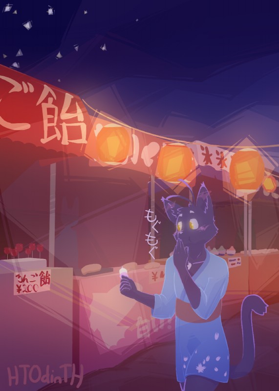 anthro asian_clothing black_body black_fur blush clothed clothing east_asian_clothing festival fur japanese_clothing male purple_body purple_fur solo yellow_eyes yukata htodinth morenatsu shin_(morenatsu) domestic_cat felid feline felis mammal 2016 hi_res