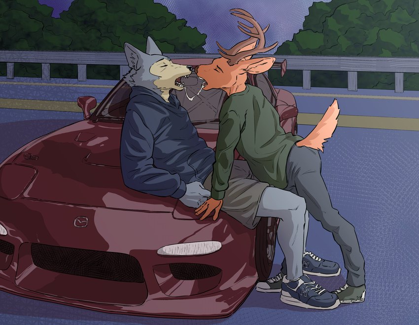 anthro anthro_on_anthro antlers bent_over bodily_fluids bottomwear car clothed clothing cloud detailed_background duo eyebrows eyes_closed footwear fur furgonomics hoodie horn kissing male male/male messy messy_kiss night open_mouth outside pants plant road saliva saliva_string shadow shirt shoes shorts sitting sky sneakers standing tail tail_clothing teeth text tongue topwear tree tuft vehicle ffog beastars initial_d mazda mazda_rx-7 legoshi_(beastars) louis_(beastars) canid canine canis cervine deer mammal red_deer wolf 2022 absurd_res crossover english_text hi_res