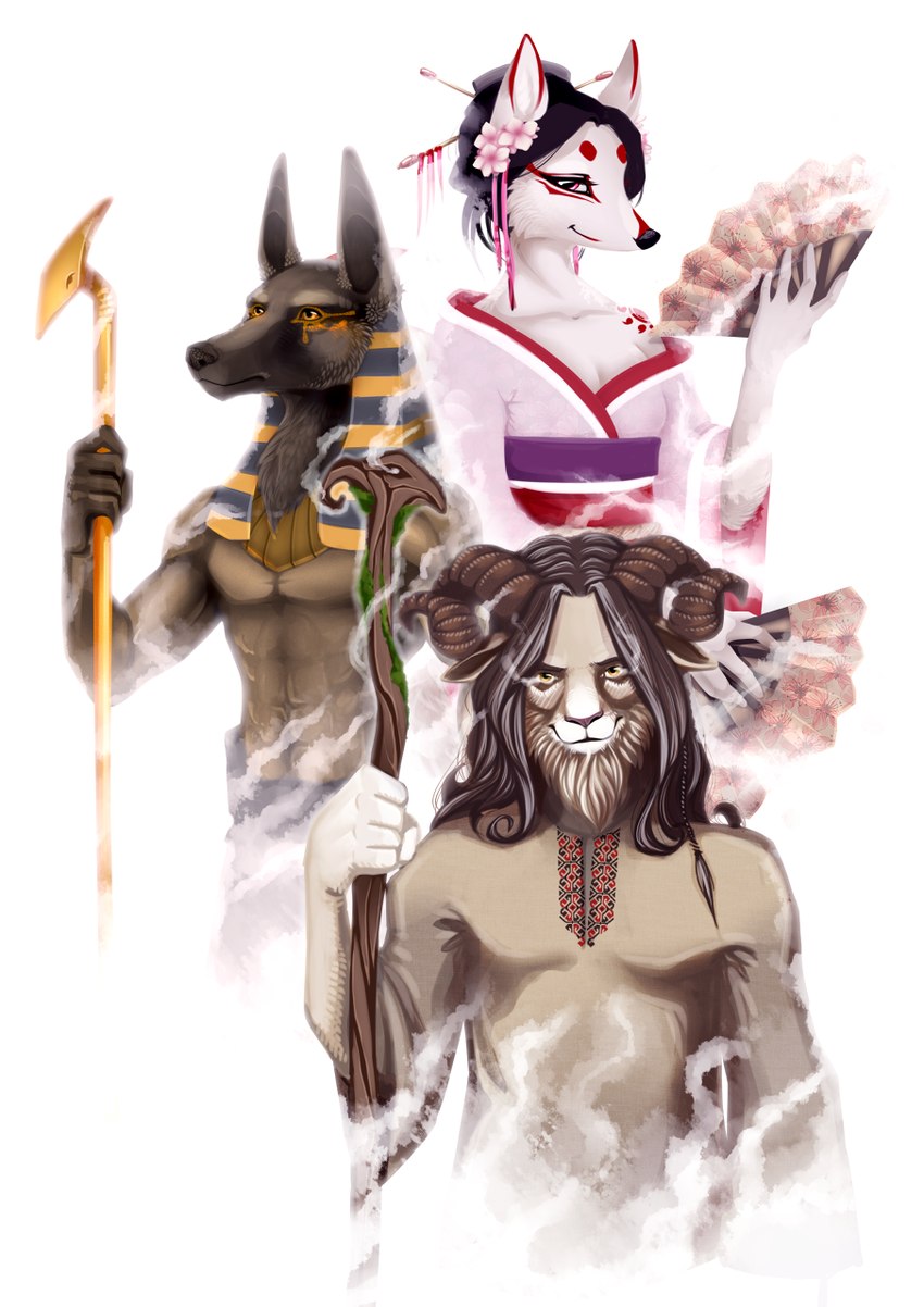 anthro asian_clothing beard clothing east_asian_clothing facial_hair female gold_(metal) gold_staff group hand_fan horn japanese_clothing kimono long_beard male smile staff trio wooden_staff belo4ka nightgrowler asian_mythology east_asian_mythology egyptian_mythology european_mythology japanese_mythology middle_eastern_mythology mythology slavic_mythology anubis veles anubian_jackal bovid canid canine canis caprine deity fox fox_spirit jackal mammal sheep artist_collaboration hi_res