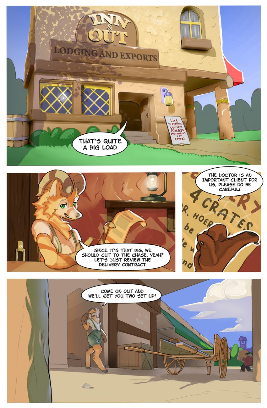 5_fingers anthro awning barrel bell_tower blue_sky border bottomwear bovid_horn caprine_horn cart claws clothing cloud dialogue dirt fingers fur gesture goat_horn grass green_bottomwear green_clothing green_eyes green_shorts hand_gesture hooves horn inn inside lamp looking_at_viewer low-angle_view male open_door orange_body orange_fur outside plant pointing shelf shorts sign sky snout speech_bubble suspenders text walking white_border window wood_barrel wood_crate nubsy bovid canid canine caprine fox goat hybrid mammal comic digital_media_(artwork) english_text hi_res