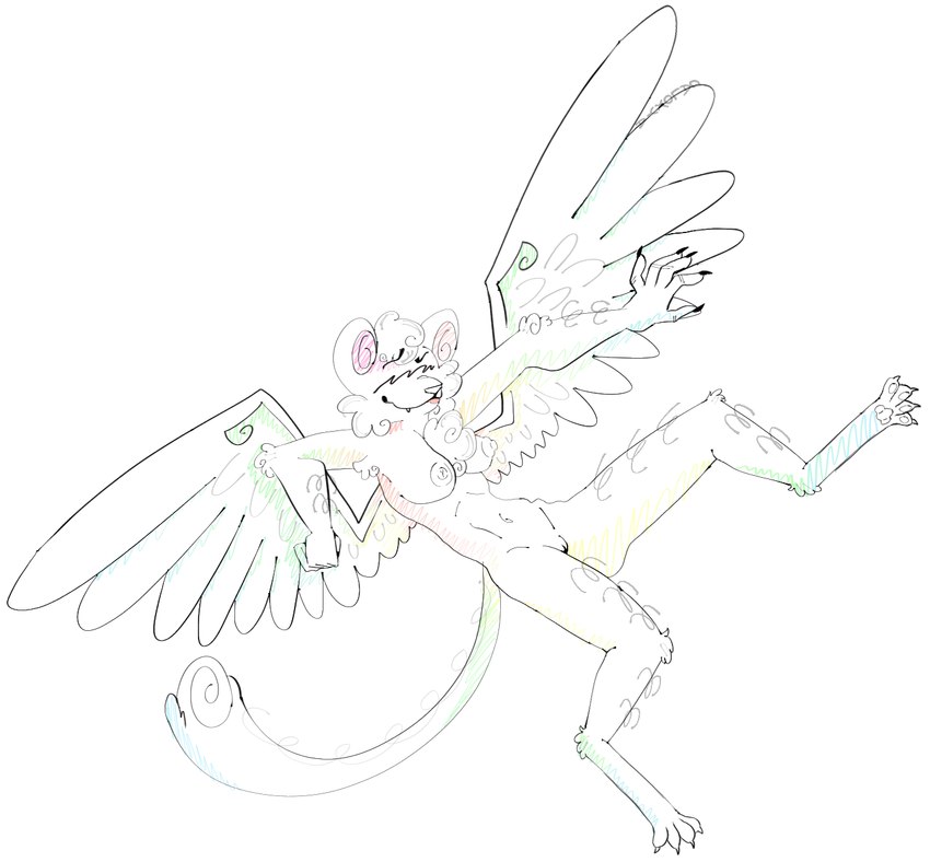 anthro big_wings black_nails blush breasts claws colored_nails curled_hair female hair hairy long_legs long_tail midair nails nude small_waist solo tail wings caloxya lillia_(caloxya) angel domestic_cat felid feline felis hybrid mammal digital_media_(artwork) hi_res line_art sketch