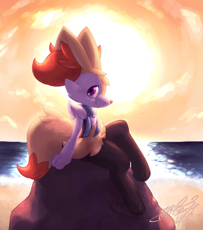 3_toes ambiguous_gender anthro blush clothing cloud feet looking_at_viewer outside purple_eyes rock sea shirt sitting sky smile solo toes topwear vest water gingy_k_fox nintendo pokemon cafe_(coffeefly) fan_character braixen canid generation_6_pokemon mammal pokemon_(species) 2019 hi_res