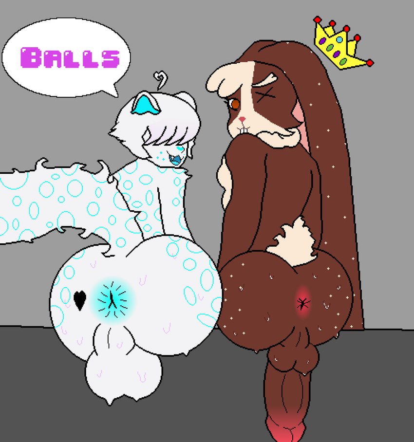 anthro anus ass_to_ass backsack balls bangs big_balls big_butt big_penis bodily_fluids brown_body brown_fur butt chest_tuft cotton_tail cowlick crown duo fur fur_markings genitals hair headgear huge_balls huge_butt huge_penis humanoid_genitalia humanoid_penis long_ears looking_at_viewer looking_back male markings multicolored_body multicolored_fur nude open_mouth penis perineum rear_view simple_background smile steam sweat tail tattoo text tuft two_tone_body two_tone_fur white_body white_fur wide_hips saskatoon_nu coffeez kuri_(saskatoon_nu) felid feline felis lagomorph leopard leporid mammal pantherine rabbit snow_leopard absurd_res digital_drawing_(artwork) digital_media_(artwork) english_text hi_res pixel_(artwork)