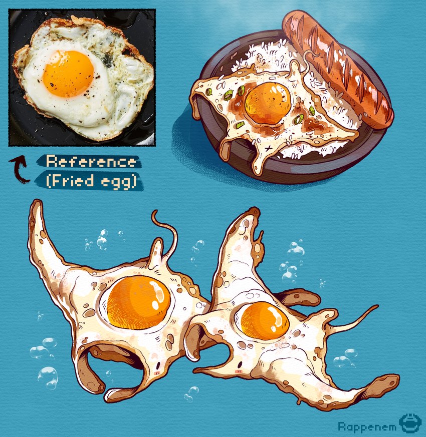 ambiguous_gender duo feral food fried_egg meat plate reference_image rice sausage text x_eyes rappenem egg_creature fish food_creature marine ray_(fish) absurd_res clip_studio_paint_(artwork) digital_media_(artwork) english_text hi_res