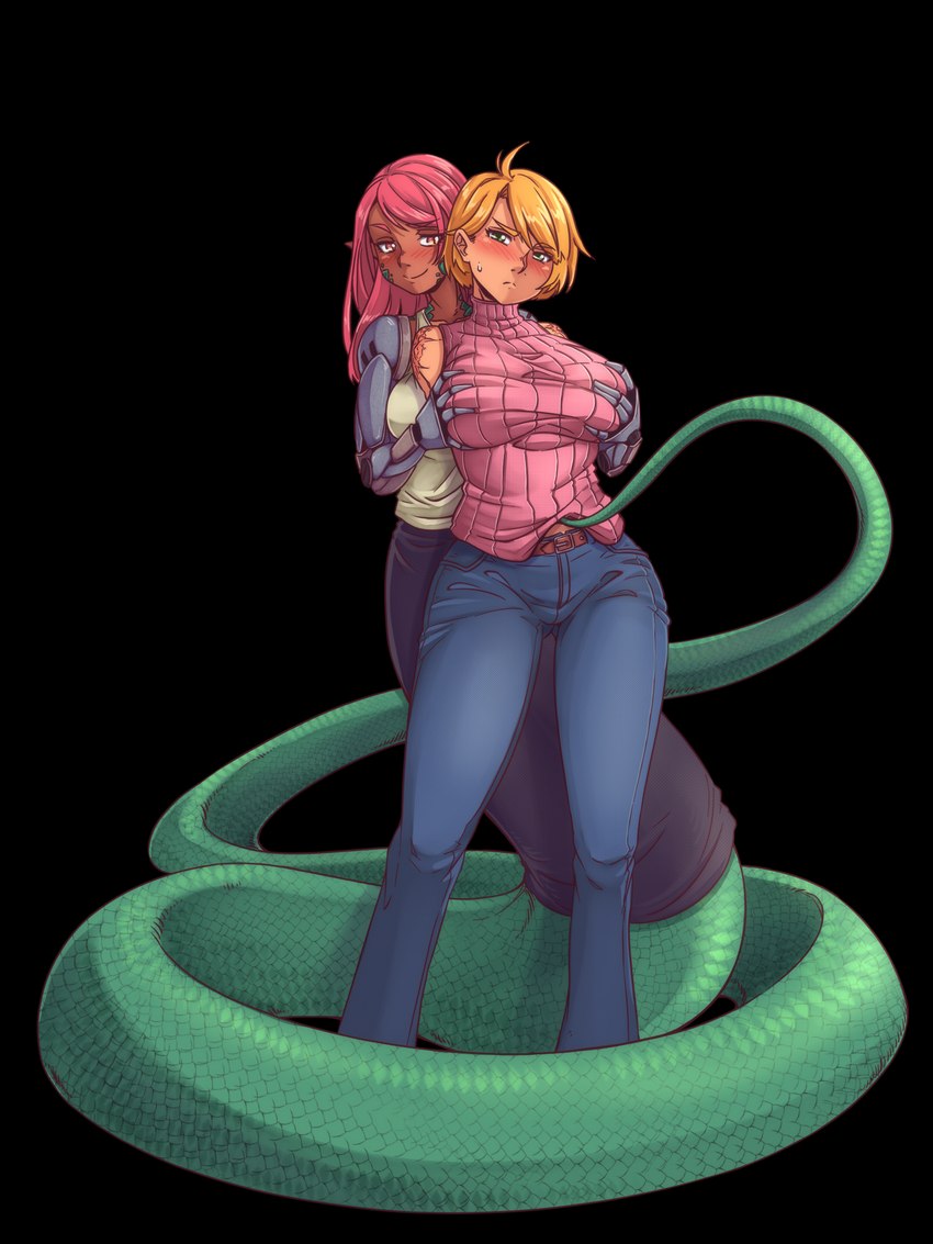 amputee anthro apode blush bottomwear breast_grab breasts clothed clothing disability double_amputee duo female female/female green_eyes hand_on_breast legless pants pink_hait prosthetic prosthetic_arm prosthetic_limb serpentine shirt split_form topwear gamera_(artist) draconcopode human lamia mammal reptile scalie snake hi_res