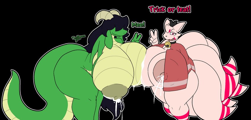 big_breasts bodily_fluids breasts butt cosplay duo female huge_breasts hyper lactating milk tail snekkobean cult_of_the_lamb massive_monster_(studio) amy_alethino bovid bovine canid canine cattle fox mammal reptile scalie snake alpha_channel hi_res