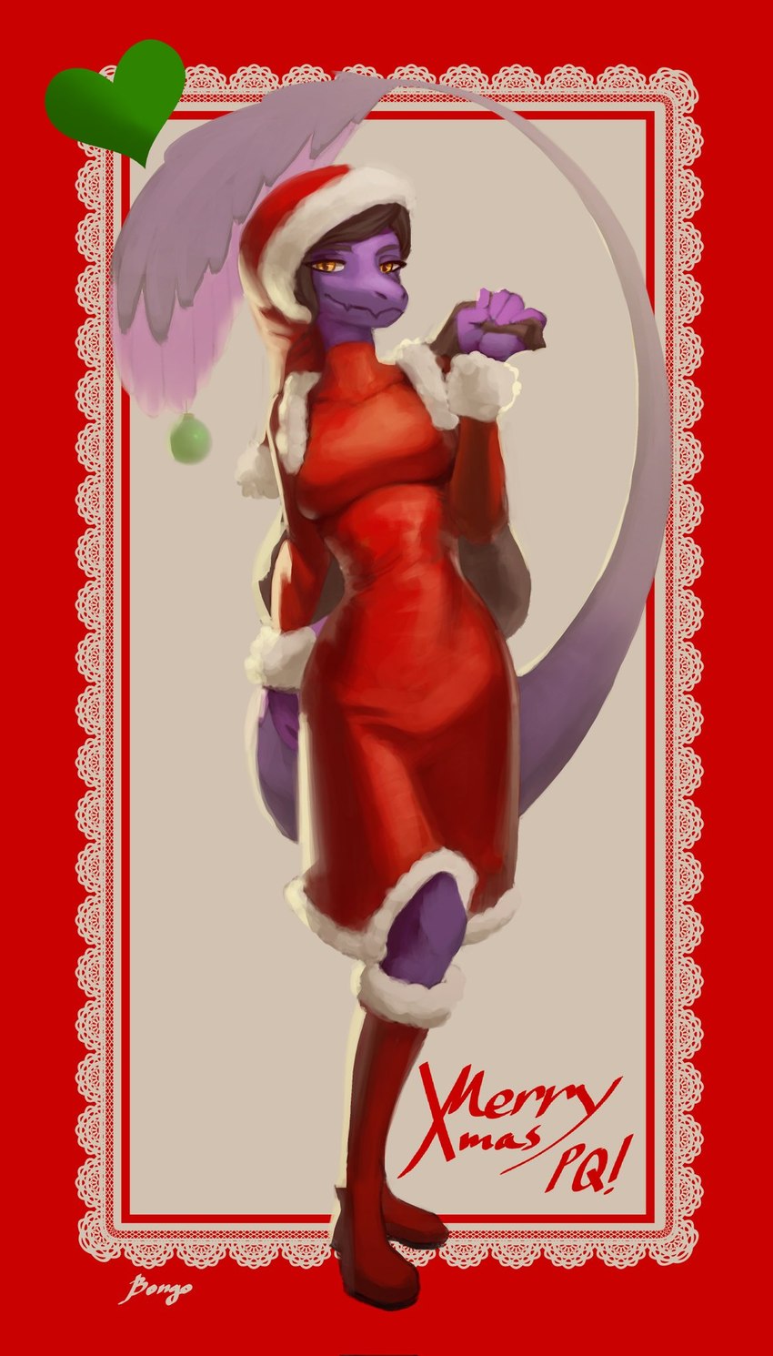 5_fingers anthro black_hair breasts christmas_clothing christmas_headwear clothed clothing feathered_tail feathers female fingers hair hat headgear headwear holidays long_tail looking_at_viewer purple_body purple_scales sack santa_hat scales slight_smile smile solo tail orange_bongo christmas goodbye_volcano_high abby_(gvh) dinosaur dromaeosaurid prehistoric_species reptile scalie theropod utahraptor colored hi_res