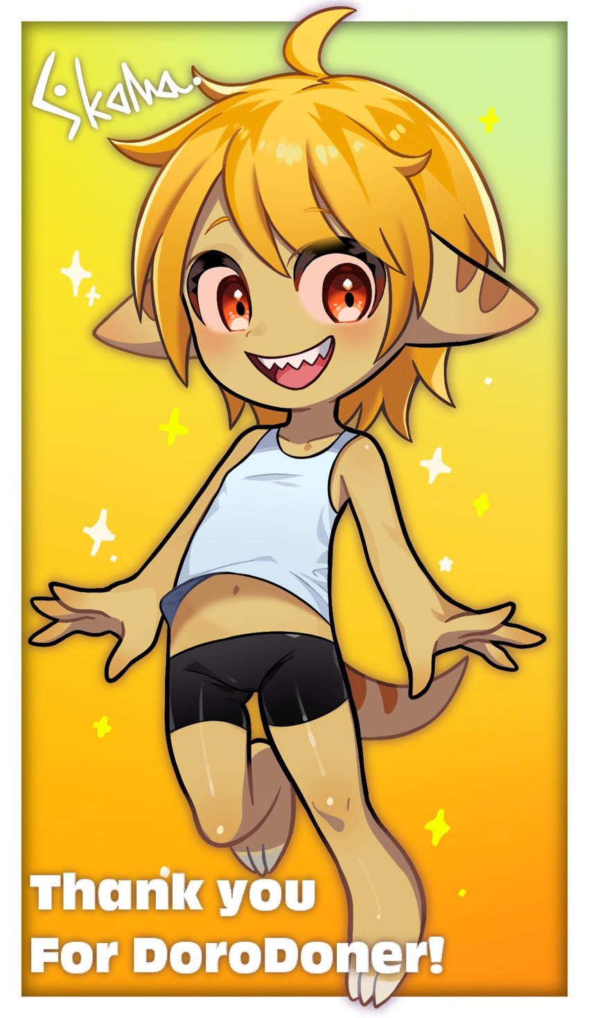 anthro blonde_hair bottomwear brown_body claws clothed clothing fangs female hair looking_at_viewer navel shirt shorts simple_background smile solo spandex spandex_shorts tank_top teeth text tight_bottomwear tight_clothing tight_shorts topwear young young_anthro young_female paripi_nasubi tany_(doneru) bamfear english_text hi_res adult_(lore)