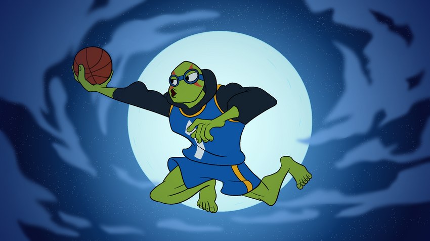 5_fingers 5_toes anthro basket basketball_uniform black_clothing black_hoodie black_topwear blue_bottomwear blue_clothing blue_shirt blue_shorts blue_tank_top blue_topwear bottomwear catching clothing cloud container eyewear feet fingers goggles green_body green_scales hoodie humanoid_feet humanoid_hands jumping male markings moon nails no_shoes plantigrade red_markings scales shirt shorts sky solo sportswear tank_top toes topwear uniform darkajugin rise_of_the_teenage_mutant_ninja_turtles teenage_mutant_ninja_turtles leonardo_(tmnt) pond_slider red-eared_terrapin reptile scalie terrapin turtle 16:9 hi_res widescreen