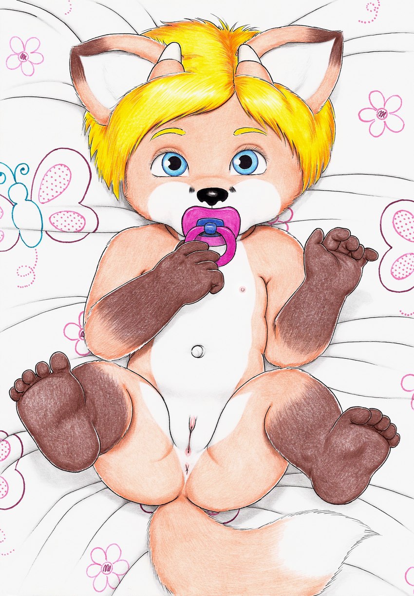 anthro anus baby blonde_hair blue_eyes butt clitoris female flat_chested genitals gloves_(marking) hair horn leg_markings legs_up loli looking_at_viewer markings navel nipples nude pacifier pussy socks_(marking) solo spread_legs spreading young young_anthro young_female maximilo katinka canid canine fox mammal red_fox true_fox 2014 absurd_res hi_res