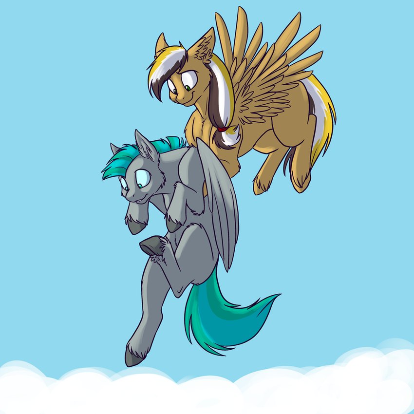 bandage bandaged_wing cloud duo feathered_wings feathers female feral fetlocks flying fur green_eyes green_hair grey_body grey_fur hair hooves male multicolored_hair tail two_tone_hair wings yellow_body yellow_fur foxenawolf goldfur's_cogsverse hasbro my_little_pony mythology golden_words_(goldfur) whirring_cogs equid equine mammal mythological_creature mythological_equine pegasus 1:1