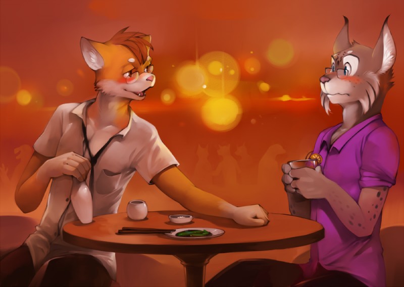 anthro beverage blush chopsticks clothed clothing countershading drunk duo eyewear fangs flirting fully_clothed furniture glasses male sitting substance_intoxication table teeth vu06 shiranai synx_(synxthelynx) canid canine canis domestic_dog felid feline lynx mammal 2014