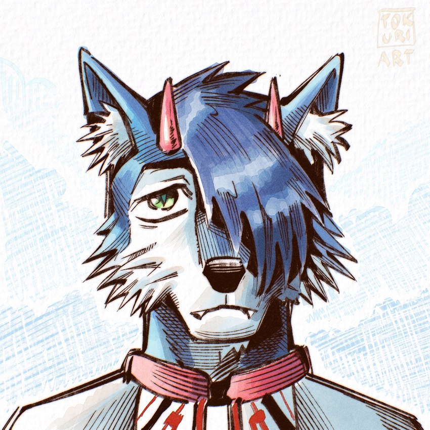 anthro black_nose blue_body blue_fur blue_hair clothing embroidered_clothing embroidered_shirt fangs fluffy_ears folk_clothes fur green_eyes hair horn male red_horn sad shirt simple_background solo symbol teeth topwear traditional_dress ukraine ukrainian vyshyvanka weave white_body white_clothing white_face white_fur white_topwear youtuber tokuri jaycemutt canid canine canis fox hybrid mammal wolf 1:1 hi_res portrait