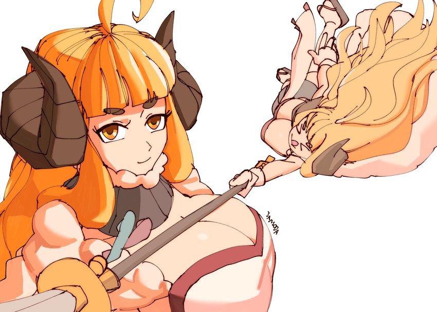 2_horns ahoge big_breasts blonde_hair breasts cleavage clothed clothing curved_horn eyebrows eyelashes eyes_closed face-framing_tendrils falling female footwear hair holding_object holding_weapon horn long_hair lying melee_weapon neck_gaiter neckwear on_side orange_eyes sandals shoes simple_background smile solo sword tongue tongue_out weapon white_background 3amsoda cygames granblue_fantasy anila_(granblue) animal_humanoid bovid bovid_humanoid caprine caprine_humanoid humanoid mammal mammal_humanoid sheep_humanoid 2024 hi_res signature