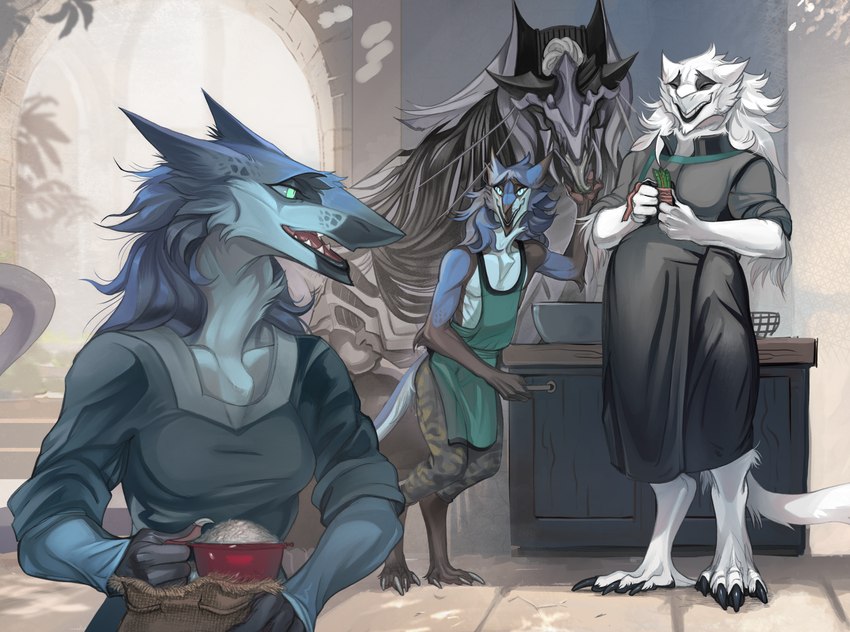 chest_spike claws clothing cooking female feral food group licking looking_aside male open_mouth overweight rice size_difference smile spikes spikes_(anatomy) tongue lingrimm raesheris dachu_(dachubaisalis) sergal talyxian talyxian_stalker hi_res