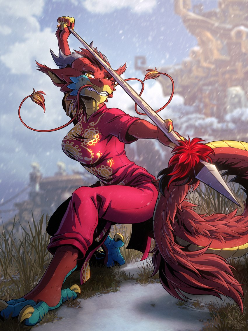 anthro barbel_(anatomy) black_horn blue_feet breasts building claws clenched_teeth clothing cloud countershading eyelashes fangs feet female flesh_whiskers fluffy fluffy_tail grass horn long_tail looking_at_viewer mane markings melee_weapon plant polearm pose red_body red_clothing red_ears red_scales scales sky smile snow snowing solo spear tail teeth teeth_showing weapon yellow_body yellow_claws yellow_countershading yellow_eyes yellow_inner_ear yellow_markings yellow_scales howlite asian_mythology east_asian_mythology mythology noodle_(jestrab) dragon eastern_dragon mythological_creature mythological_scalie reptile scalie 2020 3:4 hi_res shaded