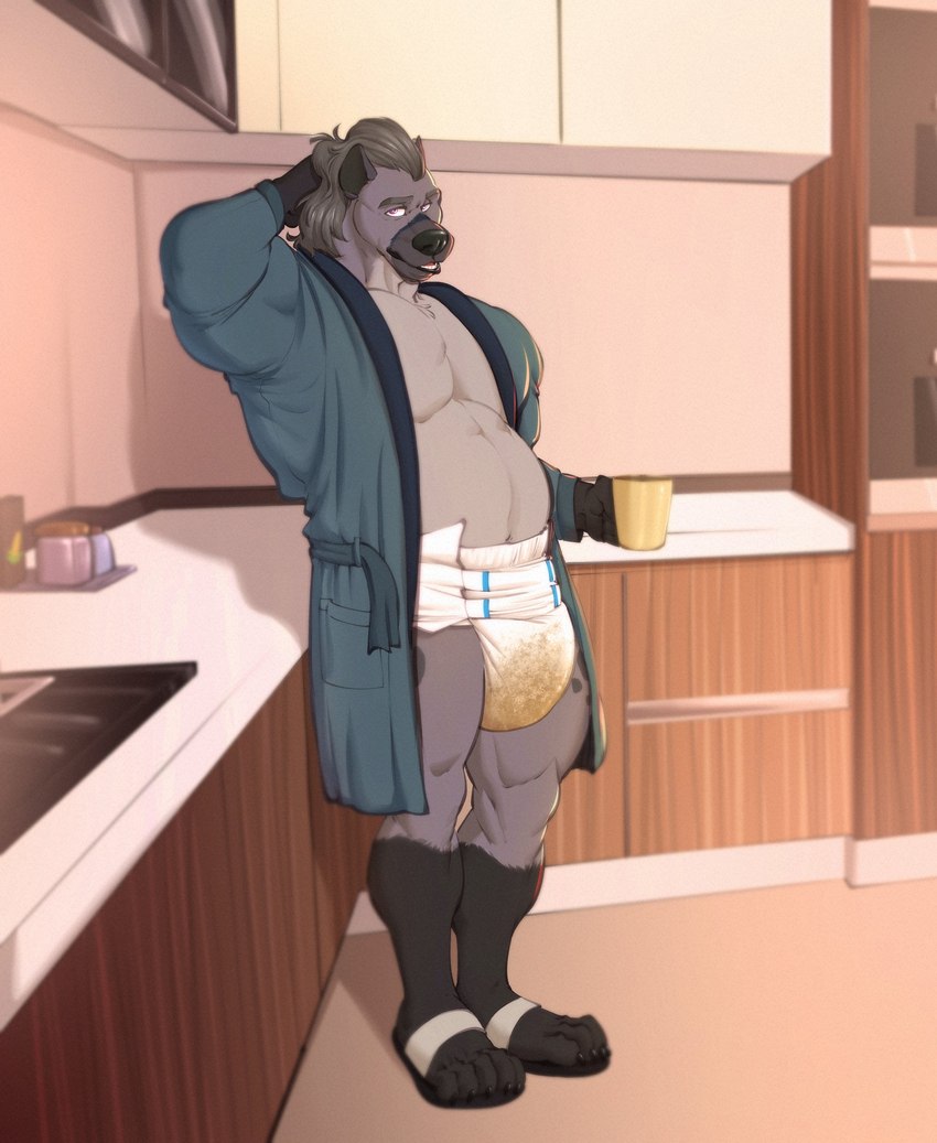 anthro appliance belly beverage bodily_fluids clothed clothing coffee coffee_mug container cup daddy_kink diaper diaper_fetish diaper_use diapered_dominant embarrasment embarrassed footwear fur genital_fluids grey_body grey_fur hand_on_head holding_object incontinence kitchen kitchen_appliance looking_at_viewer male musclegut muscular muscular_anthro muscular_male navel open_clothing open_mouth open_robe peeing robe sandals shoes slightly_chubby smile solo standing teeth unclean_diaper urine used_diaper wearing_diaper wet_diaper wetting wetting_diaper syeenyeen grizz_(diapered_dad) hyena mammal hi_res