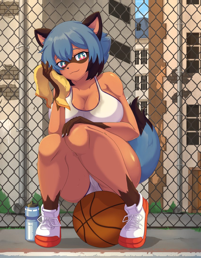 anthro ball basketball_(ball) big_breasts blue_body blue_bottomwear blue_clothing blue_eyes blue_hair blue_shorts blush bodily_fluids bottomwear breasts brown_body brown_fur clothed clothing crop_top dipstick_hair dipstick_tail female fingers fluffy fur glistening glistening_body glistening_breasts gloves_(marking) hair looking_at_viewer markings shirt shorts side_boob sitting sitting_on_ball solo sweat tail tail_markings topwear tuft white_clothing white_topwear son2j brand_new_animal netflix studio_trigger michiru_kagemori canid canine mammal raccoon_dog tanuki 2023 absurd_res hi_res