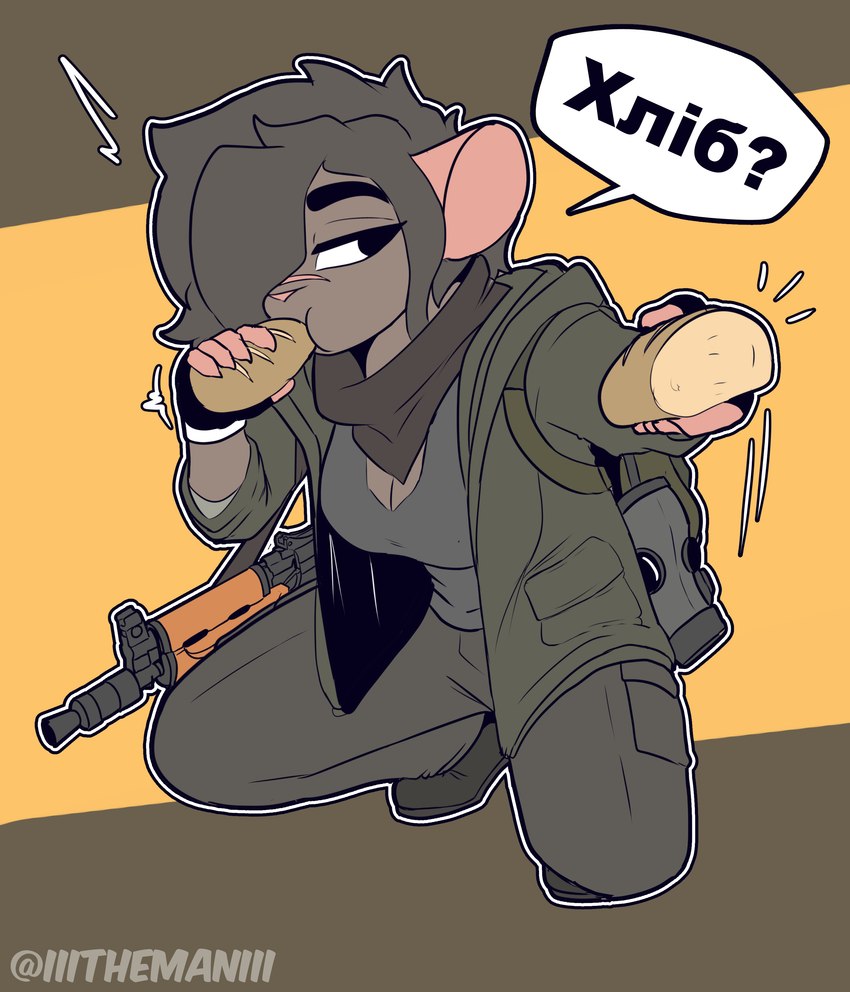 ak-74 anthro bread breasts clothed clothing female fingerless_gloves food gas_mask gloves hair hair_over_eye handwear mask offering_food question_mark ranged_weapon scar solo text weapon the_man krysa_(the_man) mammal murid murine rat rodent absurd_res hi_res translated ukrainian_text