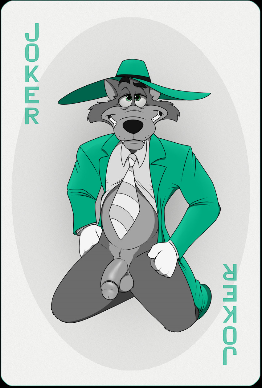 anthro balls belly bottomless card card_template circumcised clothed clothing fedora flaccid fur genitals grey_body half-closed_eyes hat headgear headwear humanoid_genitalia humanoid_penis joker_(playing_card) looking_at_viewer male narrowed_eyes necktie penis playing_card playing_card_template simple_background slightly_chubby smile solo topwear zoot_suit neenya disney quack_pack canid canine canis mammal wolf hi_res restricted_palette