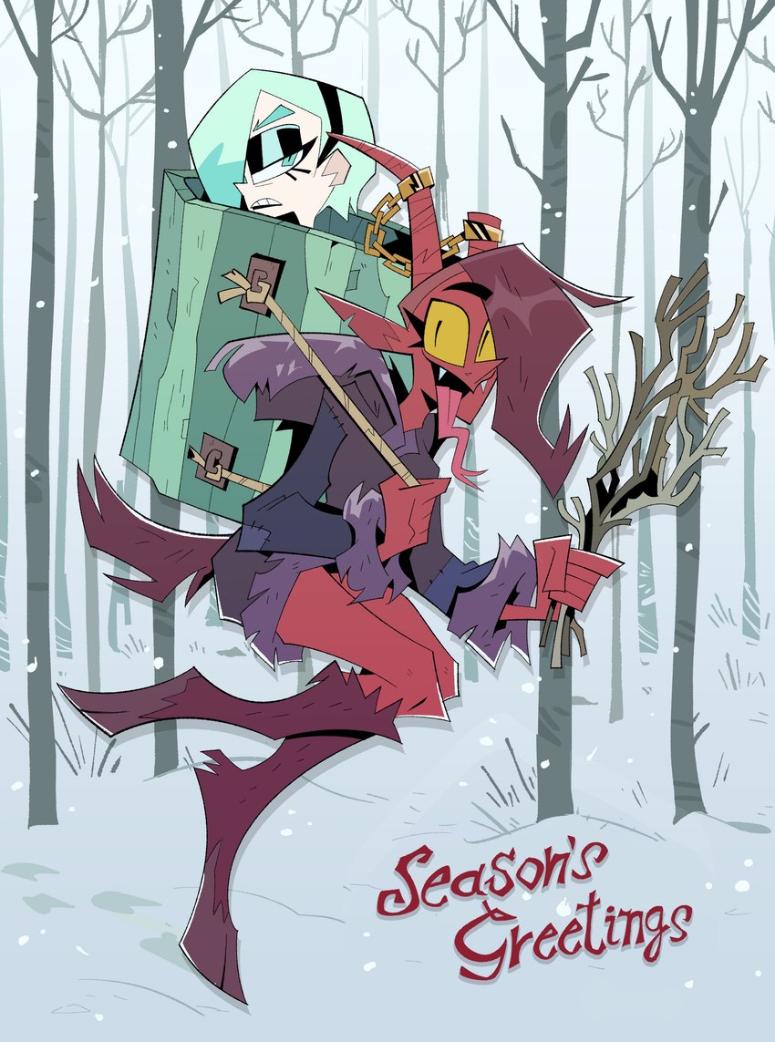 backpack blue_hair cloven_hooves duo female forest forked_tongue hair hair_over_eye holidays hooves humanoid_pointy_ears plant pointy_ears red_body red_skin snow tongue tongue_out tree herny christmas mauxie_(herny) rita_(herny) bovid caprine caprine_demon demon goat_demon human humanoid mammal succubus 2024 absurd_res hi_res