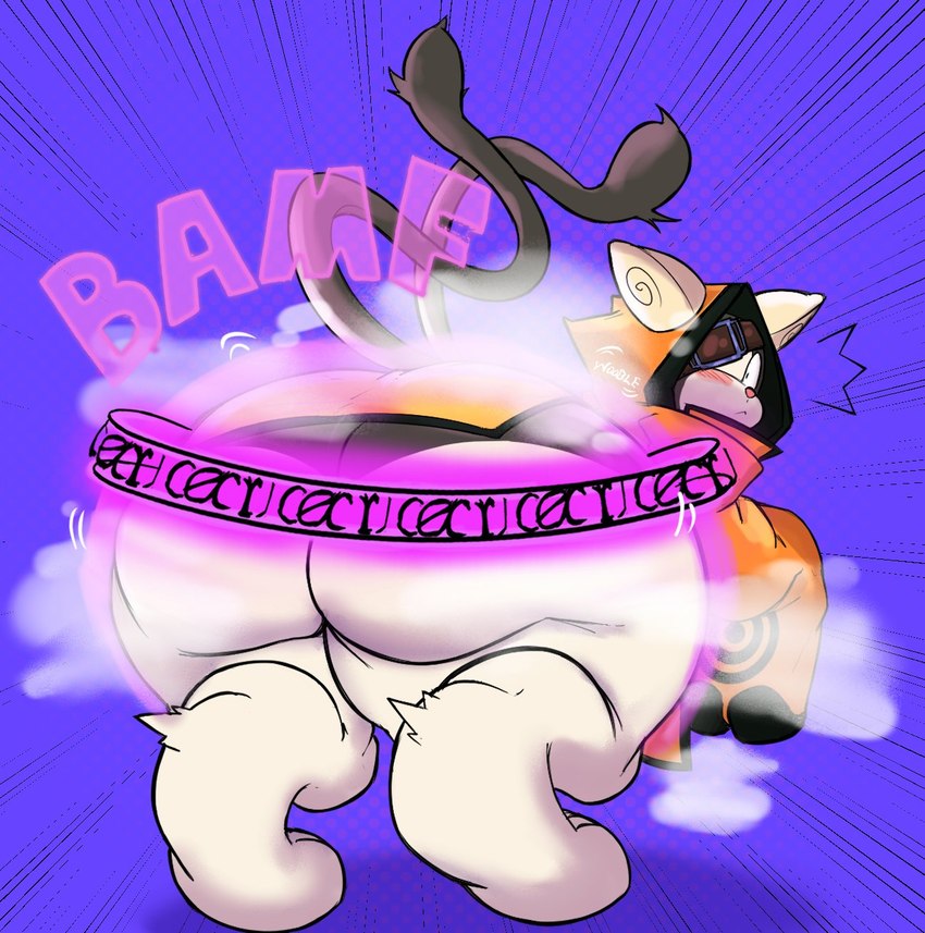 2_tails abstract_background ambiguous_gender anthro big_butt biped blush butt butt_focus clothed clothing eye_patch eyewear fur huge_butt looking_back magic multi_tail occult_symbol onomatopoeia orange_clothing raised_tail rear_view sigil simple_background solo sound_effects surprised symbol tail text thick_thighs white_body white_fur ream_n_cream arc_system_works asian_mythology blazblue east_asian_mythology mythology jubei_(blazblue) domestic_cat felid feline felis mammal 2024 digital_media_(artwork) english_text hi_res male_(lore)